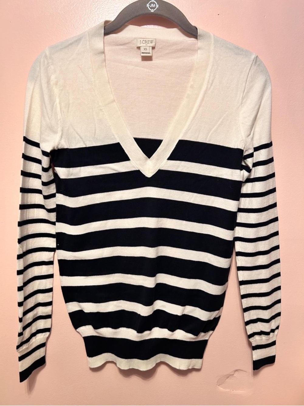 J. Crew Black and Cream Striped V-Neck Sweater